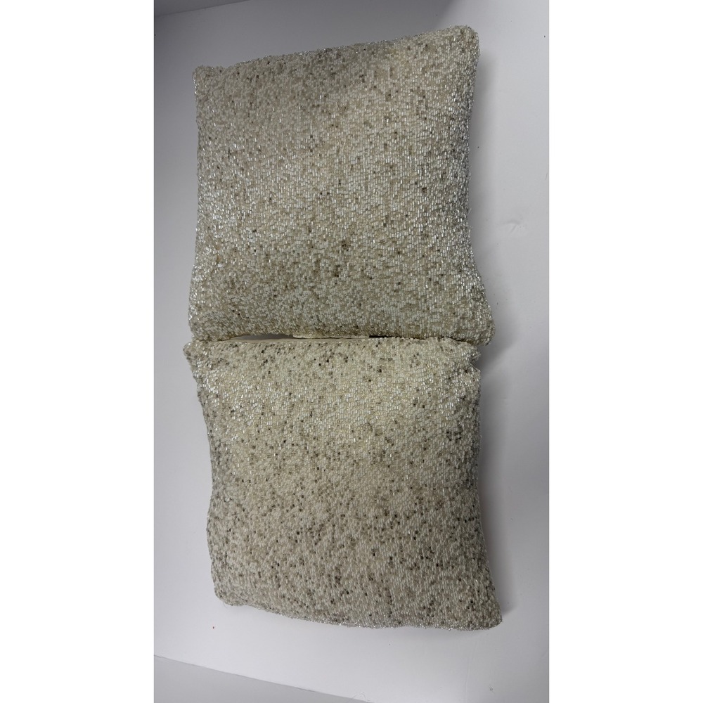Set of 2 Beaded Decorative Pillows Cream Ivory Champagne Square 5 x 5